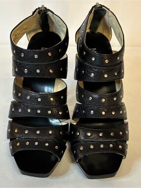 Michael Kors Astor Black Leather Multi-Strap Studded Caged Heels 7.5 NEW